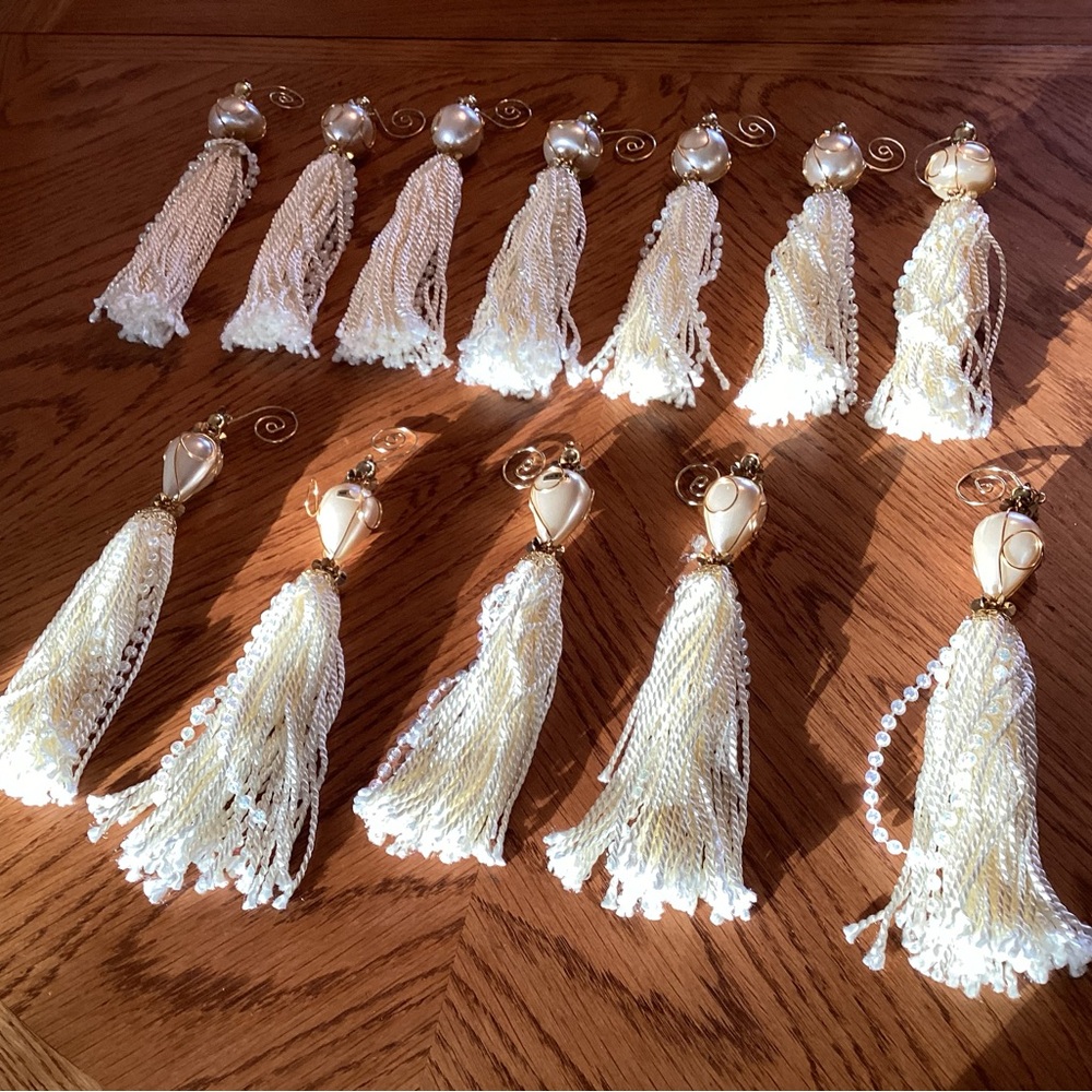 Elegant Pearl look Cream  Christmas Tassel Ornament set of 12